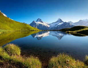 idyllic lake bachalpsee with a view of high snowy peaks in the morning location place bernese alps grindelwald valley europe