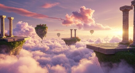 Celestial realms of floating islands in a serene cloudscape with classical ruins
