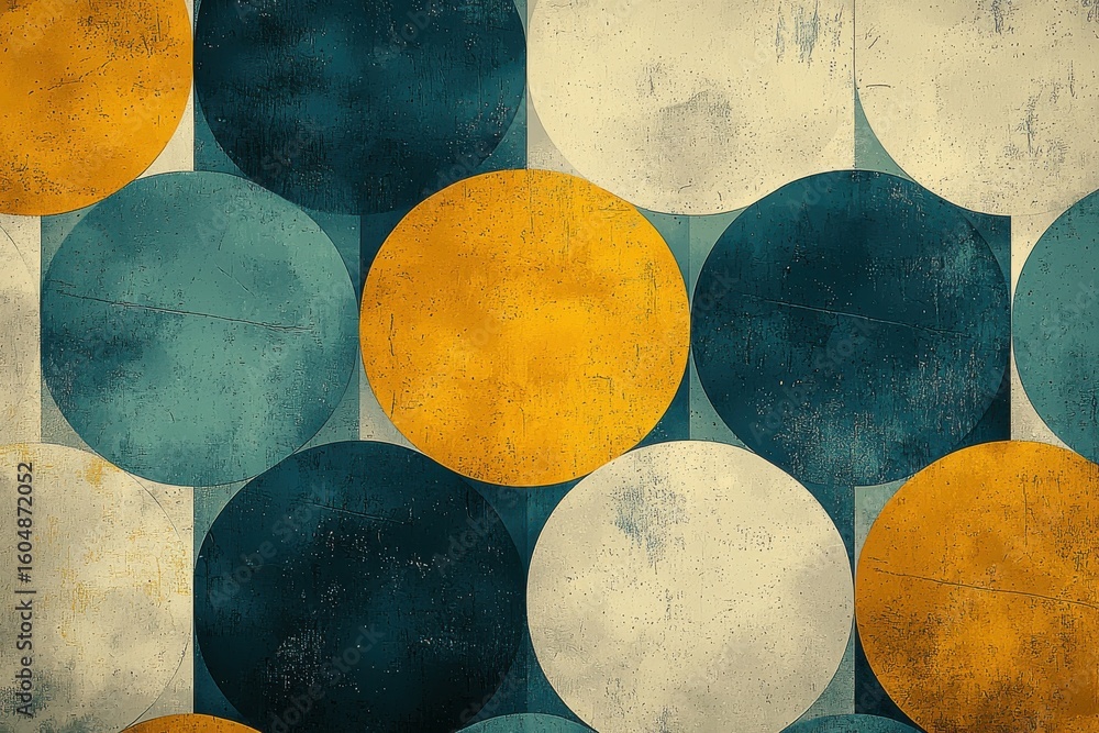 Poster abstract art composition with colorful textured circles in retro tones