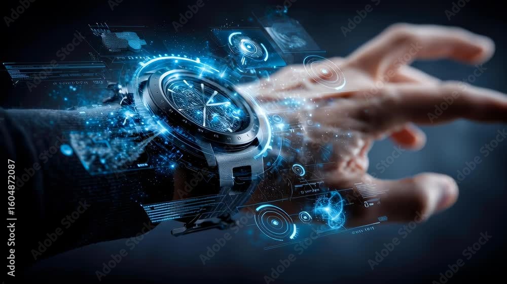 Poster a smart watch on someone's wrist, with digital screens floating around it displaying various ai inte