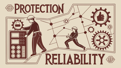 Illustration depicting protection and reliability with workers and gears in a schematic design layout