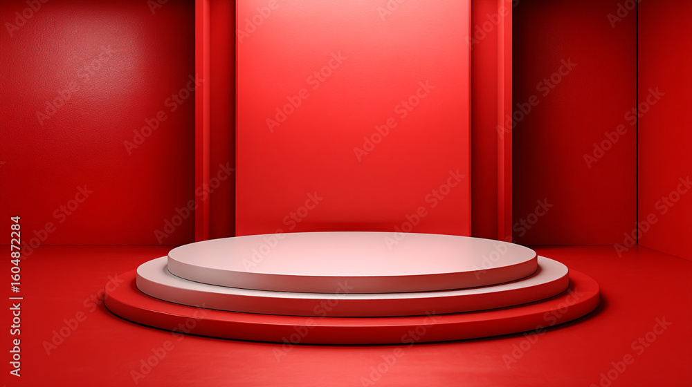 Aufkleber red studio backdrop with a two tiered white and red platform for product display and presentation