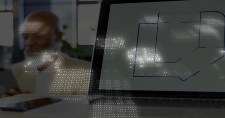 Businessman tapping tablet at desk and sparking binary overlay over PC schematic for data analysis - Powered by Adobe