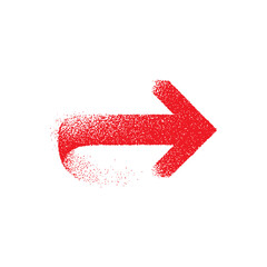 Curved red arrow made of fine spray paint particles, pointing right and symbolizing motion, direction, or transition in a dynamic urban art style.

