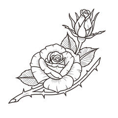 Elegant rose with bud and thorns, classic floral line art for timeless beauty and design projects