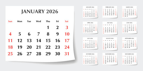 2026 calendar planner. A vector collection of English monthly page calendars with shadow. Design Sunday start