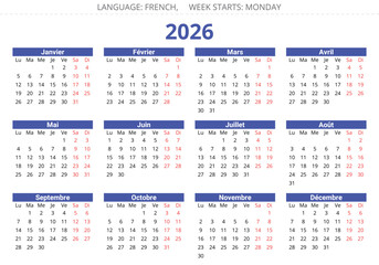 2026 french calendar - calendrier. Editable vector illustration for France, 12 months year