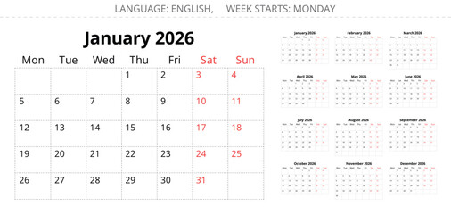 2026 calendar planner. Vector collection of English monthly page calendars. Design with Monday start