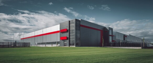 The modern warehouse facility with striking red accents and expansive green lawn.