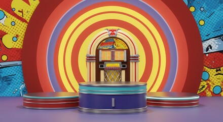 Retro vibes: 3D rendering showcasing a vintage jukebox on colorful podiums