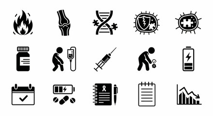 Autoimmune Disorders Diagnostics and Treatments Line Icon Set – Inflammation, Genetics, Immune Errors, Fatigue, Therapy, Symptom Tracking Vector Illustration

