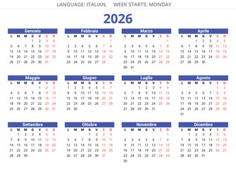 2026 year calendar. Italian language with 12 months. Printable vector illustration Italy