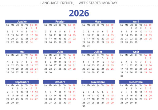 2026 french calendar - calendrier. Editable vector illustration for France, 12 months year