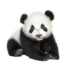 Fototapeta premium Young panda resting on its paws, displaying playful curiosity in a natural setting during daylight hours