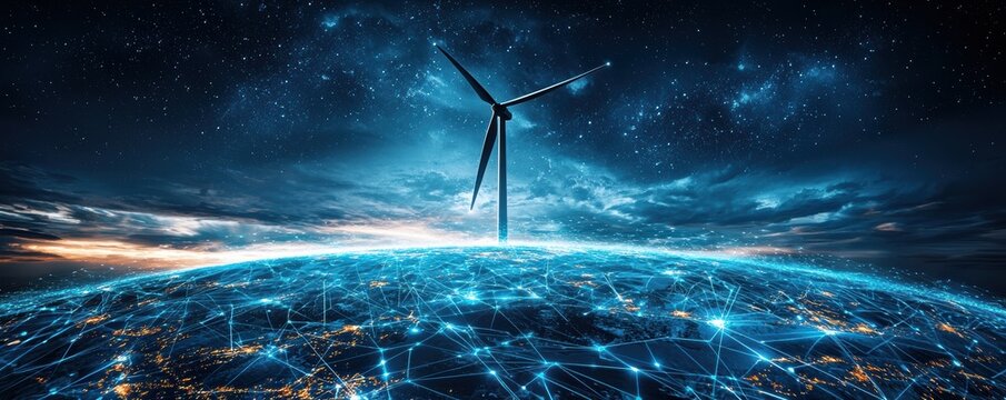 Wind turbine on a glowing earth with futuristic digital connections