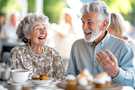 Happy elderly couple enjoying each other company and laughing while having coffee and pastries in a bright cafe. Concept of joy in companionship, celebrating life moments and togetherness