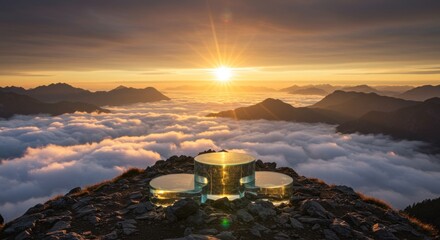 Spectacular mountain peak platform view with sun rays and cloud inversions offering serenity