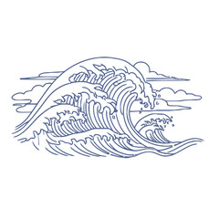 Dynamic ocean waves crash with dramatic motion and stylized clouds, evoking power and natural beauty.