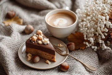 Fototapeta premium Cozy Autumn Scene with Cake and Coffee.
