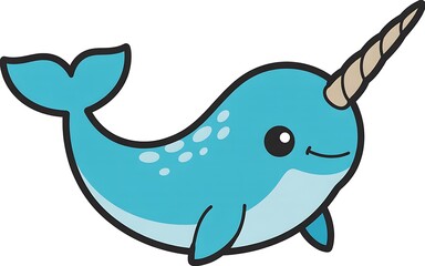 Adorable Cartoon Narwhal Illustration Joyful Sea Creature with Tusk and Smiling Face Cheerful Marine Life