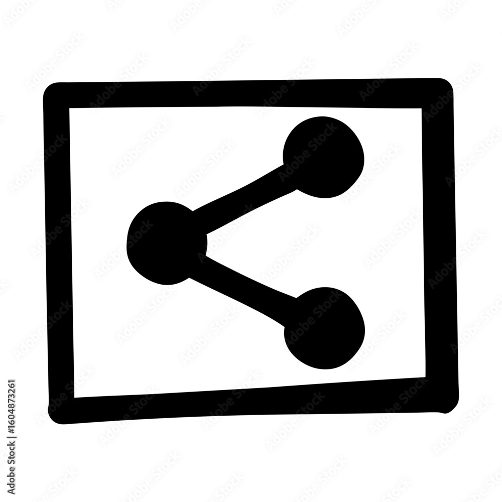 Poster silhouette of share icon inside rectangle frame, black silhouette of a share symbol with three conne