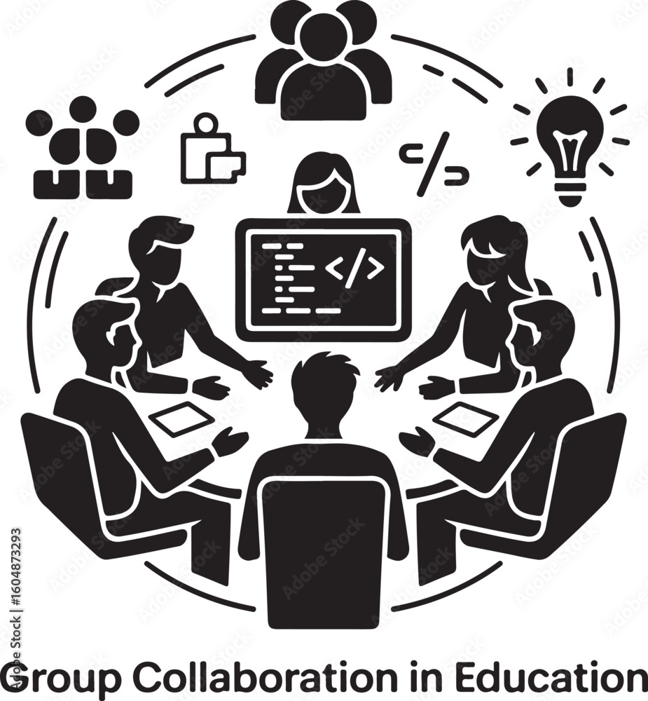 Poster people collaborating around a table with a computer screen and lightbulb group collaboration