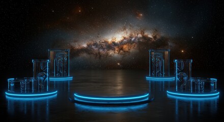 Futuristic glowing podiums and abstract glass vessels against a cosmic galaxy background