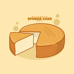 National Sponge Cake Day to celebrate on August 23rd. Cheese flavored sponge cake on bright yellow background. Dessert event banner.