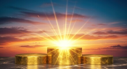 Golden podium set against a radiant sunset symbolizing triumph and accomplishment