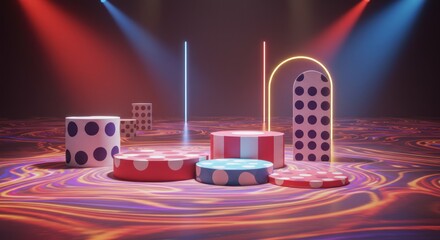 Vibrant podium showcase with unique shapes and dynamic lighting for presentations