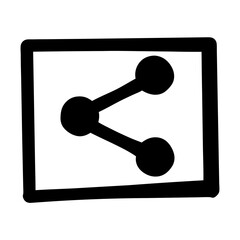 Silhouette of Share Icon Inside Rectangle Frame, Black silhouette of a share symbol with three connected dots inside a rectangular frame, often used in digital and social media interfaces.
