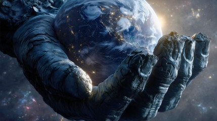 One enormous stone hand holding planet Earth like a ball.
