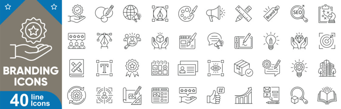 Branding line icons set. Including logo design, guidelines, color palette, typography, identity, visual style, letterhead and more. Vector illustration