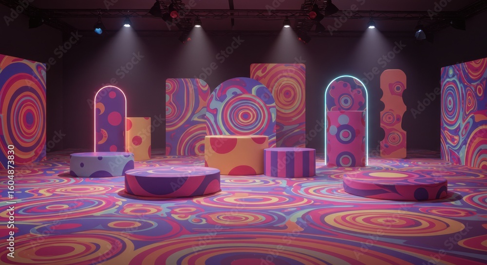 Poster abstract presentation stage with psychedelic patterns and vibrant color schemes on display