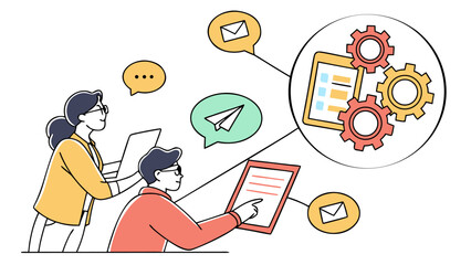 Two colleagues collaborate on a digital project discussing ideas and workflows with communication icons and gears symbolizing efficient process management