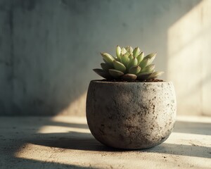 A small plant in a concrete pot
