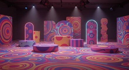 Abstract Presentation Stage with Psychedelic Patterns and Vibrant Color Schemes on Display