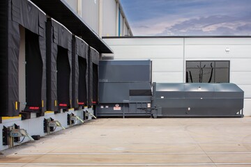 Industrial trash compactor outside warehouse