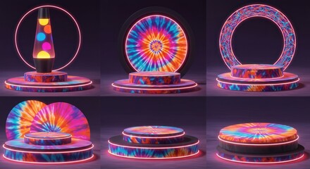 Psychedelic presentation platform with neon accents and vibrant tie-dye visuals for product