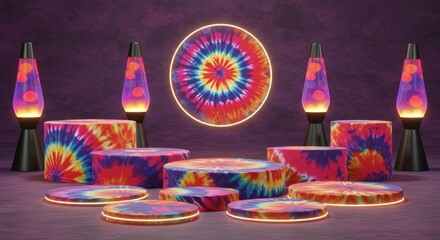 Psychedelic display with lava lamps and tie-dye platforms for vibrant product placement