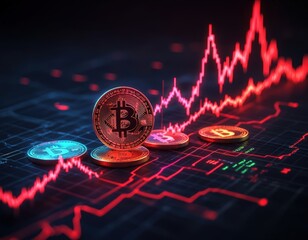 A financial chart showing falling neon-colored crypto coins on a dark gradient background.