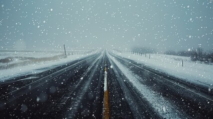 A snowy road with snow falling off the side
