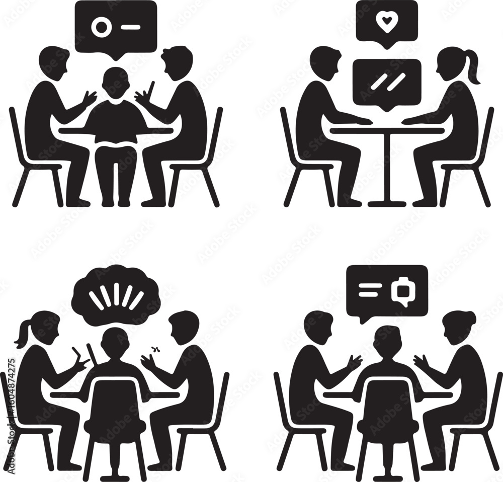 Poster people conversing around tables with speech bubbles conversation discussion
