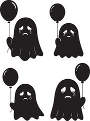Four sad ghosts holding black balloons silhouette