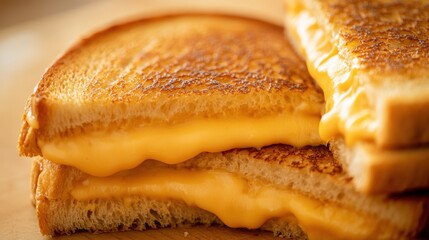 Stacked grilled cheese sandwiches, cheese layers, crispy buttery texture, slightly charred edges, paper tray serving, close-up street food market, gourmet comfort food, melty cheese pull, cheddar.