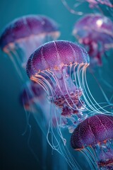 Close-up of several vibrant purple jellyfish.