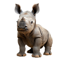 Fototapeta premium Baby rhinoceros standing on white background, displaying its unique features and adorable appearance
