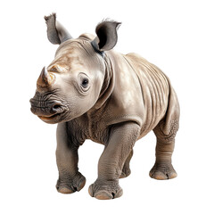 Fototapeta premium Cute young rhinoceros standing playfully on a plain background during a sunny day