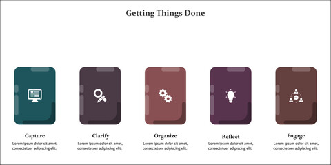Five Aspects of Getting Things done - capture, clarify, Organize, Reflect, Engage. Infographic template with icons and description placeholder