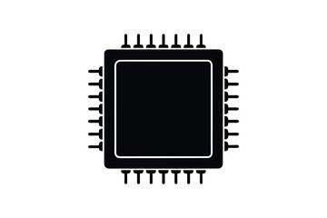 Detailed Black and White Illustration of a Microchip with Multiple Pins Depicted in a Silhouette Style silhouette microchip illustration